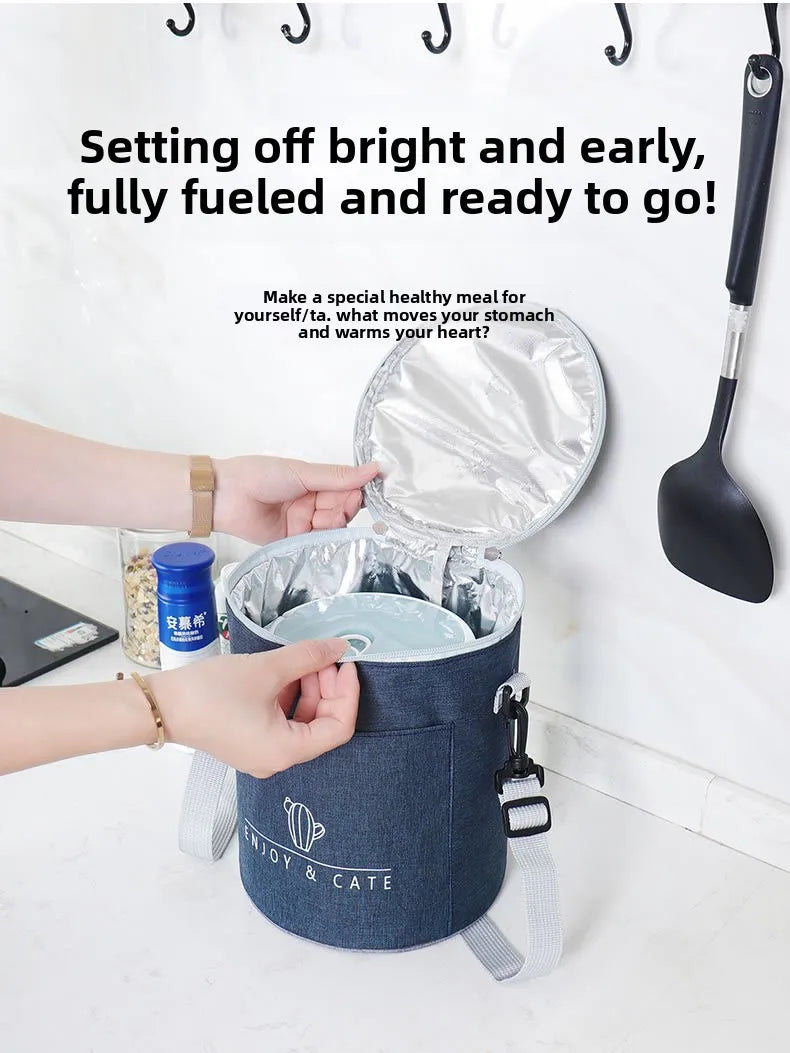 Große runde Thermische Lunchtasche Verdickte Aluminiumfolie Isolierte Bento-Tasche mit Reisbehälter Wärmetasche Mahlzeitenbeutel Oxford T...