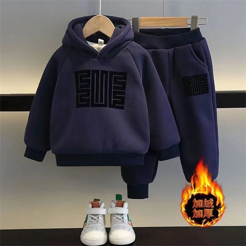 Ensembles de sweat-shirts pour enfants, hiver, plus velours épais, costume chaud garçons filles, sweat à capuche + pantalon 2 pièces, tenues de survêtement en coton