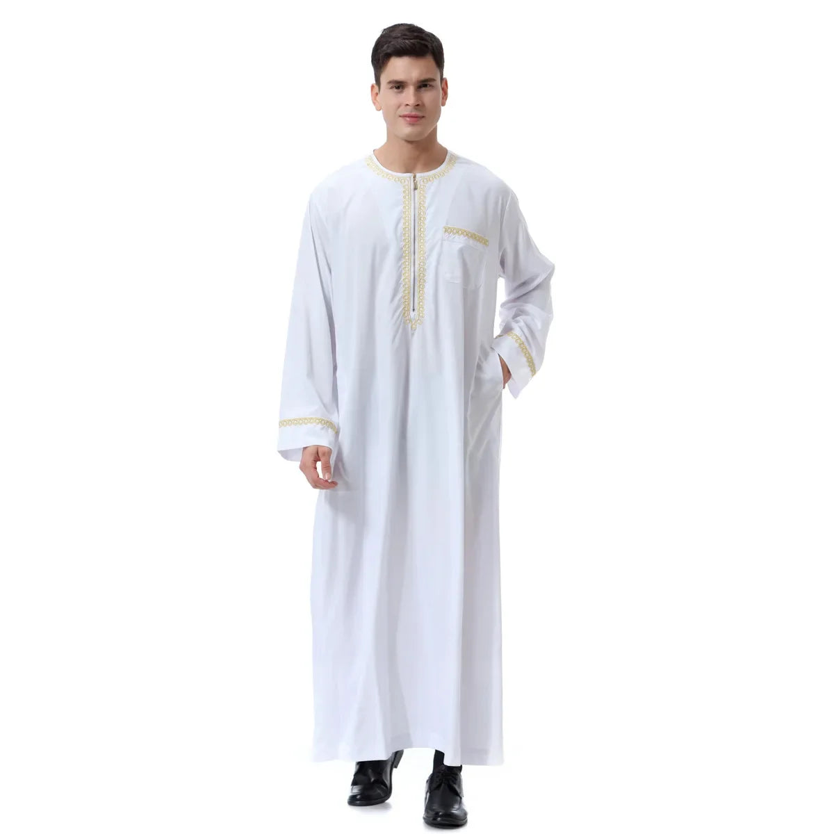 Jubba Thobe Homme Musulman Imprimé Fermeture Éclair Kimono Longue Robe Saoudienne Islamique Musulman Vêtements Abaya Caftan Islam Dubaï Robe Arabe