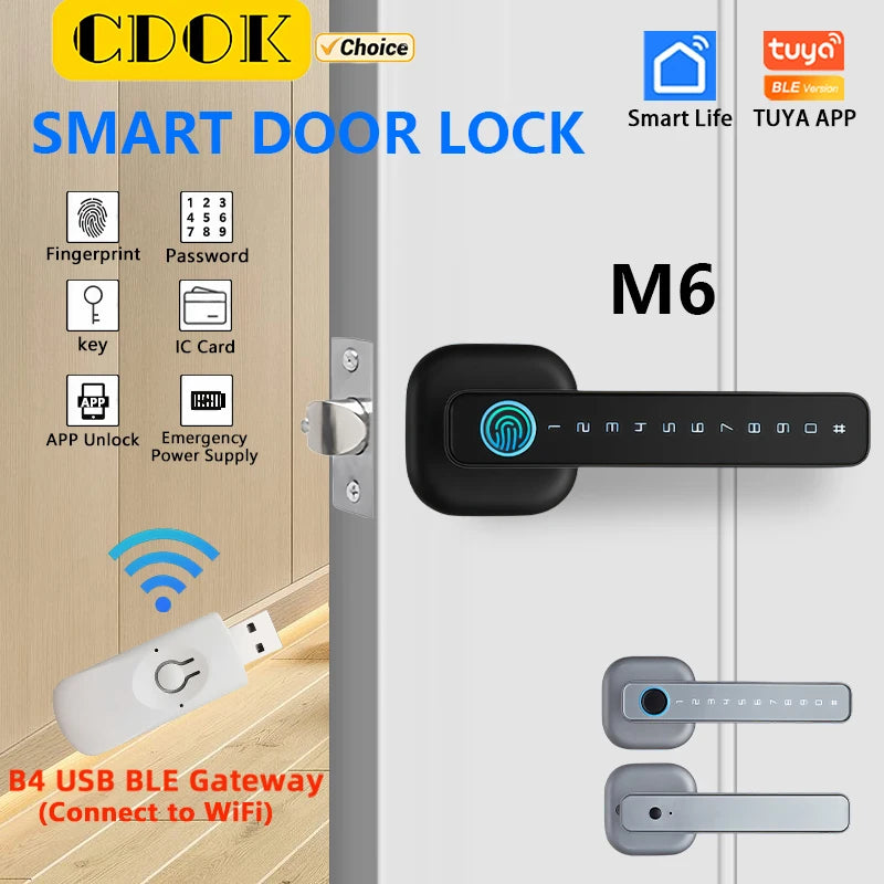 Serrure intelligente CDOK 2025 Nouvelle M6 Tuya Bluetooth, serrure de porte, serrure à empreinte digitale, serrure à mot de passe, méthodes de déverrouillage multiples
