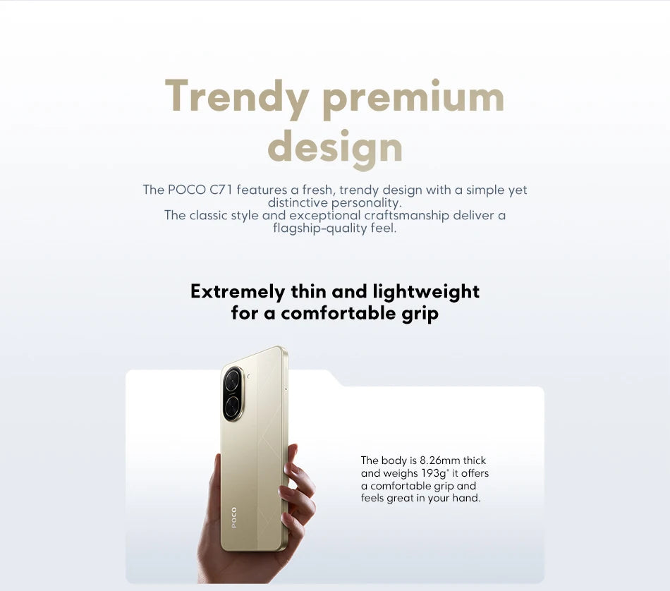 Global Version POCO C71 UNISOC T7250 Processor Immersive 6.88" Display 32MP Al Dual Camera 15W Charging 5200mAh Battery