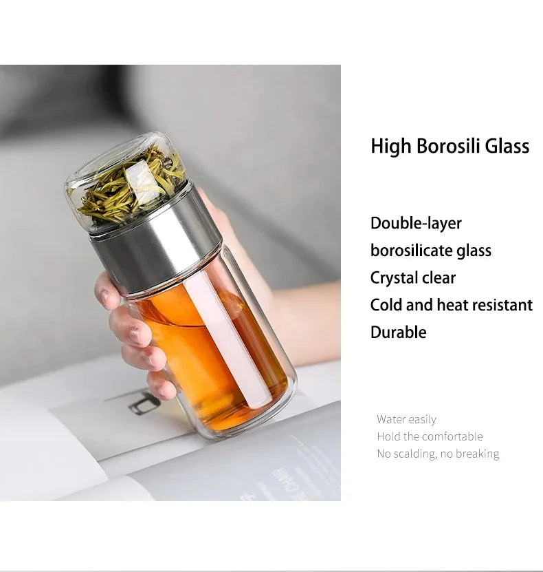 Bouteille d'eau à thé 420 ml en verre borosilicate double paroi avec infuseur pour thé, tasse à thé, gobelet, boisson avec filtre à thé