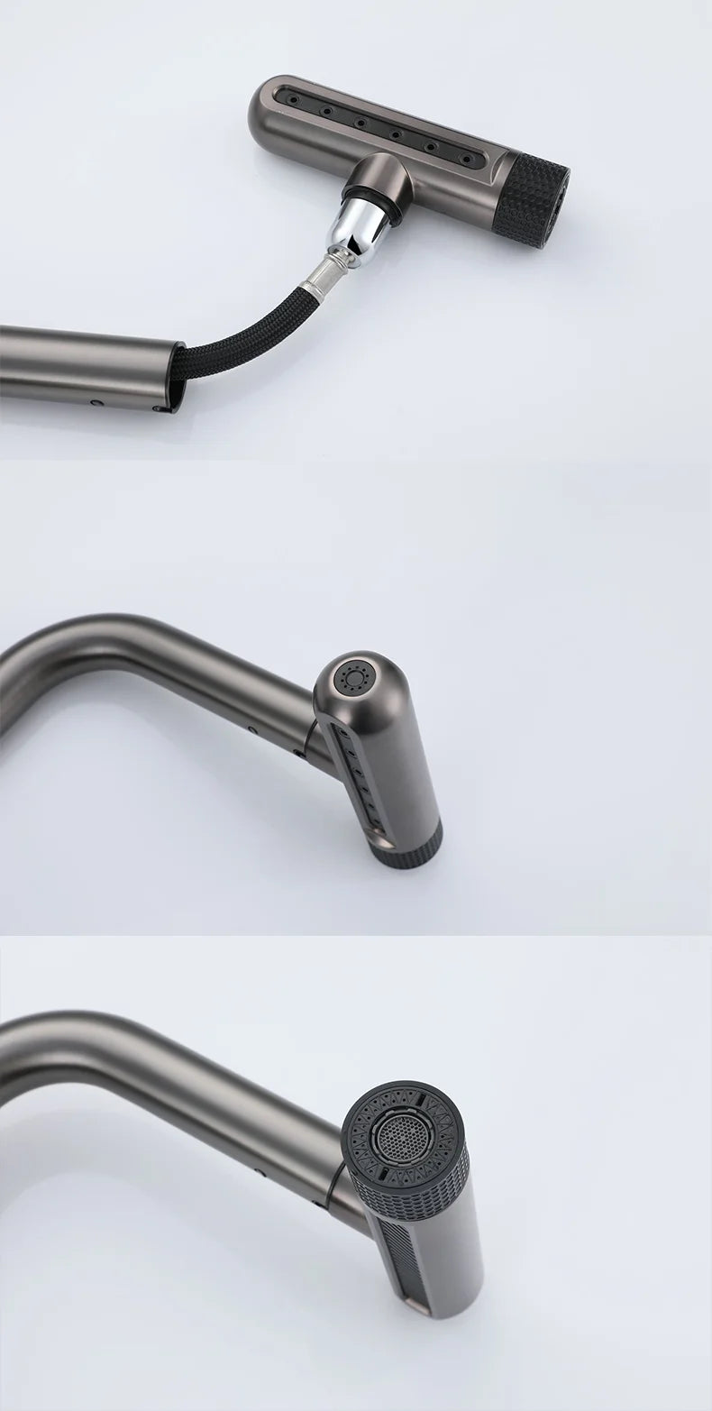 Kitchen pull-out stainless steel faucet, multi-function spout, hot and cold dual control, ceramic valve core