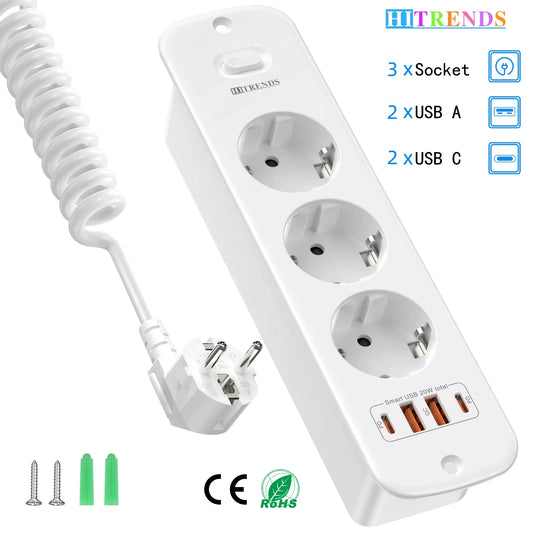 EU-Steckdosenleiste für den Schreibtisch, 3/4-fach + 4 USB-Smart-Schnellladeports, Hauptschalter, 2 Meter Feder-Verlängerungskabel
