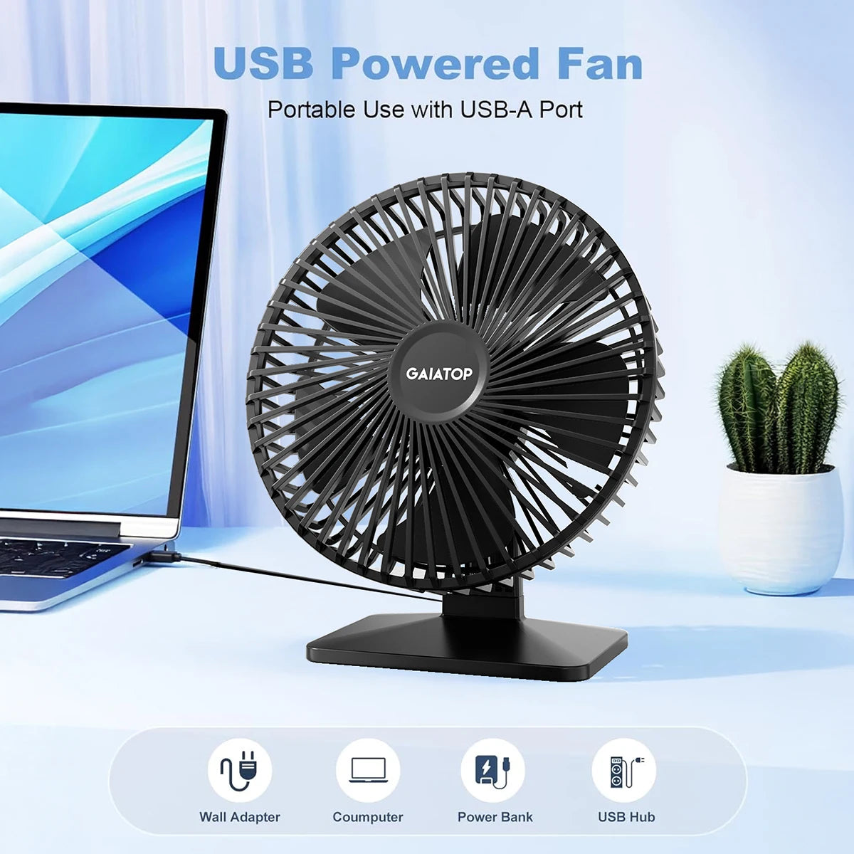 GAIATOP Schreibtischventilator Tragbarer USB Ventilator 90° Verstellbarer Kühlventilator Leise 3-Stufen-Einstellung Ultra Leise Geeignet für Zuhause, Schreibtisch, Büro
