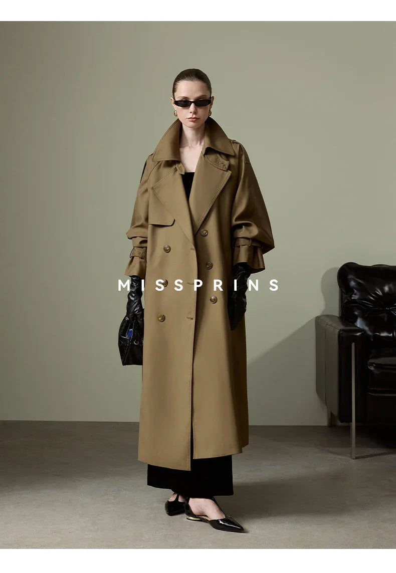 Lautaro Frühling Herbst Langer Khaki Trenchcoat für Damen Gürtel Zweireiher Schick Luxus Designer Europäische Mode Kleidung 2025