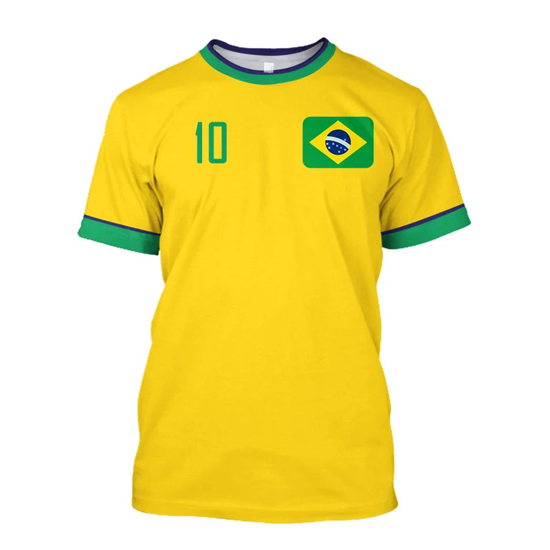 T-shirts de football Brésil Simples Mode d'été Manches courtes T-shirts imprimés drapeau brésilien 3D Hauts de sport décontractés Vêtements pour hommes