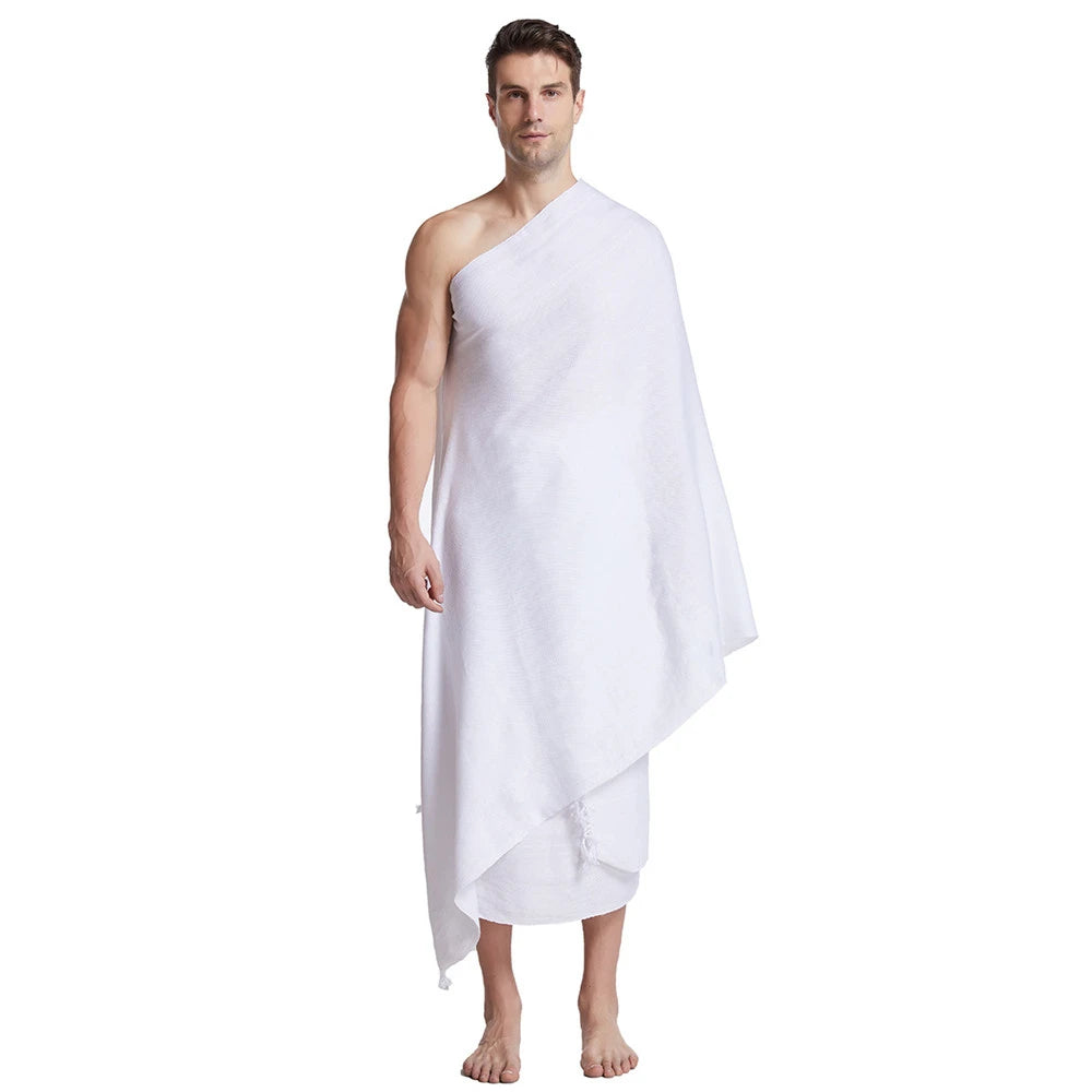 2 Stück Ihram-Pilger-Handtuch für muslimische arabische Mekka Hadsch-Kleidung Männer islamische Ramadan-Gebets-Gottesdienst-Kostüme Schal Jubba Set Thobe