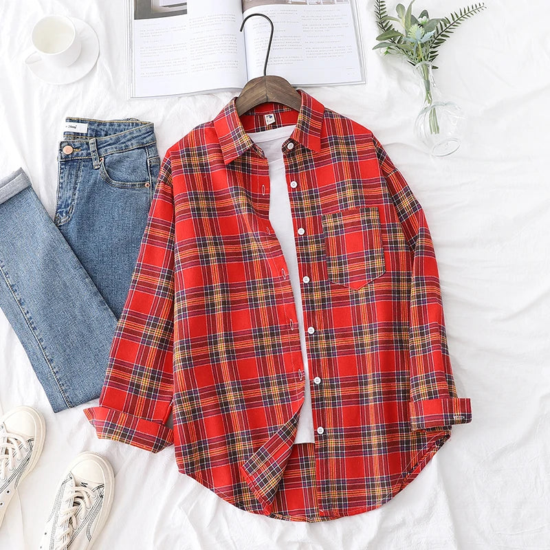 2024 Automne Nouvelle Chemise à Carreaux Ample pour Femme Marque Excellente Qualité Blouses et Hauts Design Décontracté Frais Chemises à Manches Longues pour Femme
