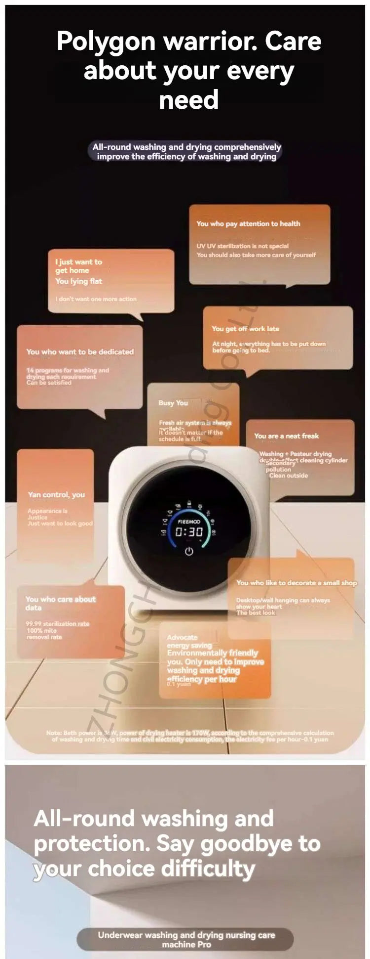 Small automatic wall-mounted smart underwear washer and dryer, suitable for both home and car use, 220V.