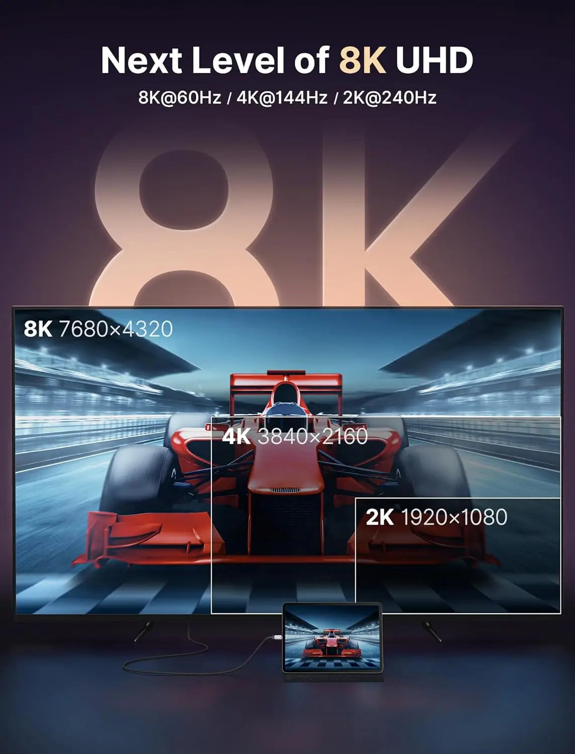 Câble HDMI plat 8K 48 Gbit/s haute vitesse 8K60 4K120 144 Hz Cordon HDMI 2.1 tressé 3D eARC HDCP 2.2 et 2.3 Compatible avec Roku TV/PS5