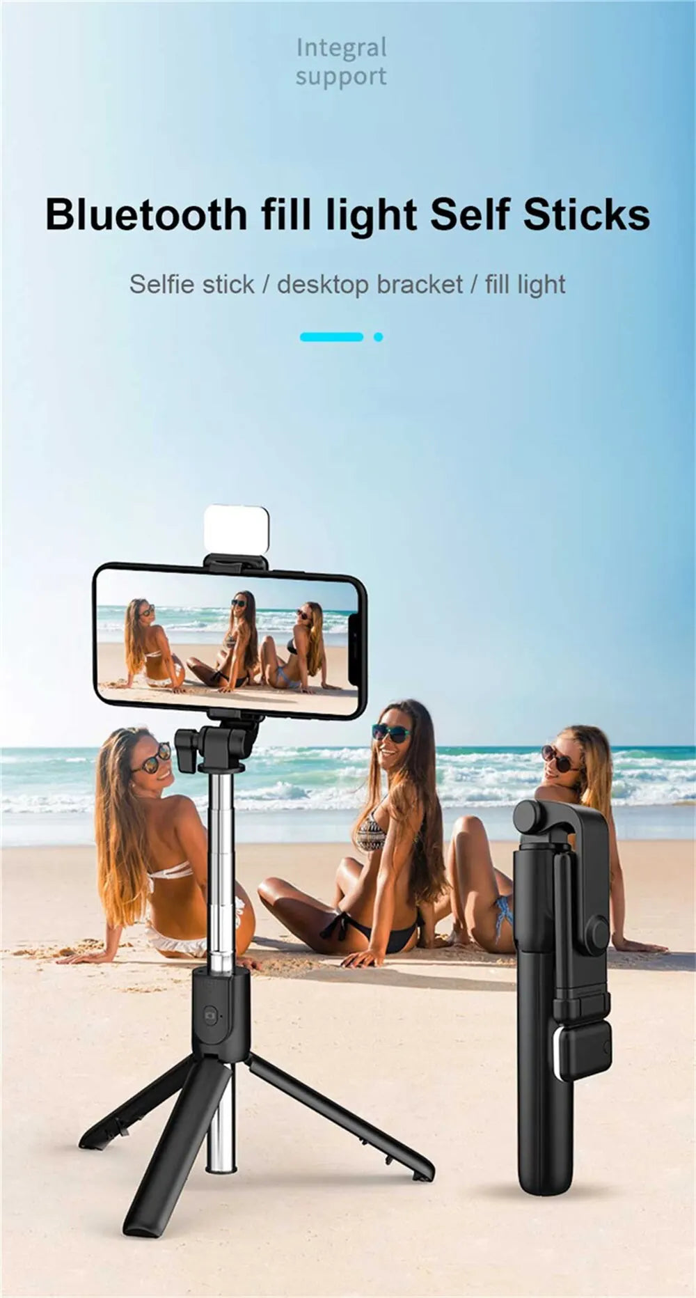 Trépied perche à selfie pour téléphone portable avec télécommande Bluetooth et anneau lumineux pour téléphone
