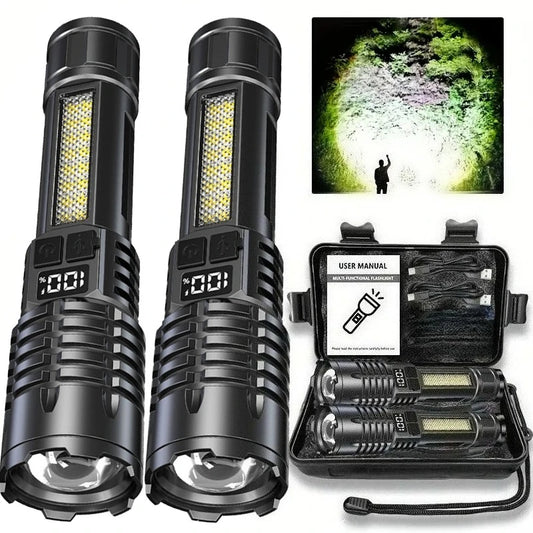 Leistungsstarke LED-Taschenlampe Typ C Wiederaufladbare wasserdichte Taschenlampe mit Seitenlicht 5 Modi Zoomlampe für Camping Angeln Laterne