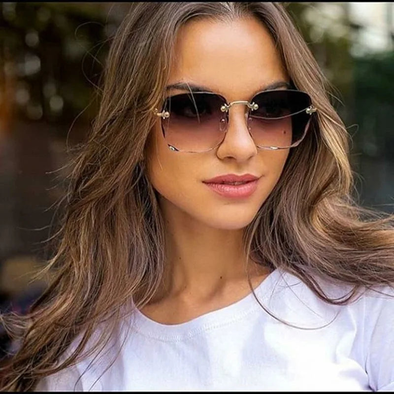 Randlose Damen-Sonnenbrille, modische Verlaufsgläser, Damensonnenbrille, Vintage-PC-Bügel, klassische Designer-Sonnenbrille für Herren
