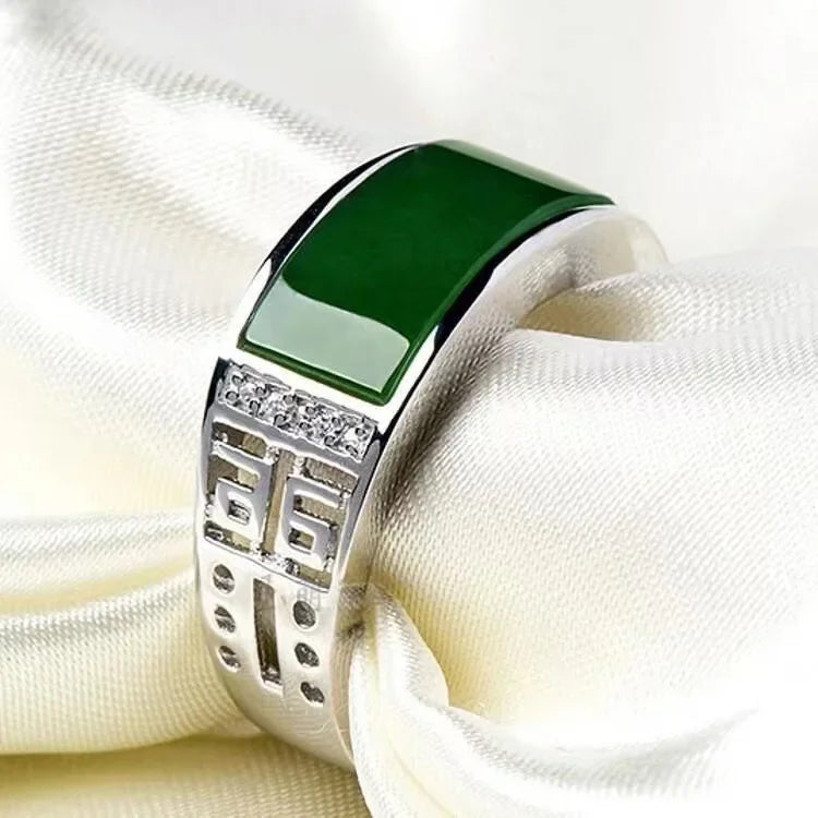 New Real Green Natural Hetian Jade Ring 925 Sterling Silver Ring Couple Rings Men Women Jewelry Lucky Stone Jade Finger Ring