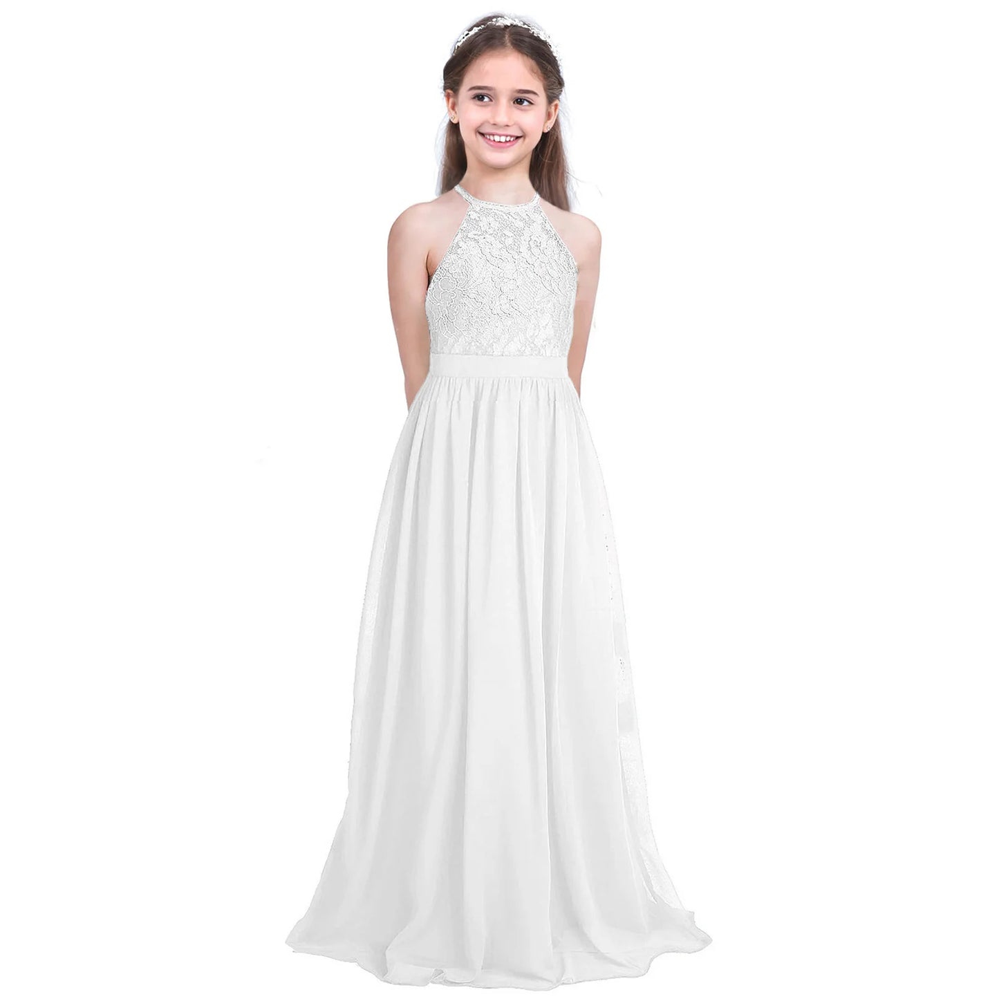 Robe de demoiselle d'honneur en mousseline florale avec découpe au dos pour enfants, tenue de fête d'anniversaire ou de mariage pour filles