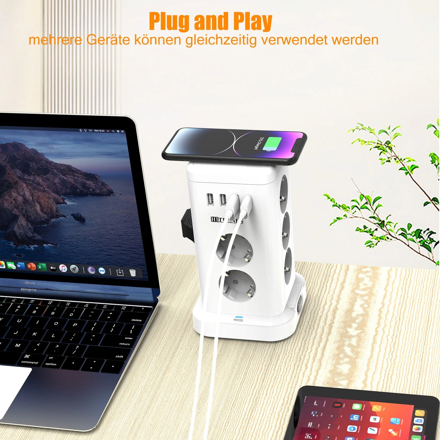 15-in-1 intelligente Steckdosenleiste kabelloses Schnellladen 3680W 3USB-A und 1USB-C 2 Meter Verlängerungskabel Hauptschalter