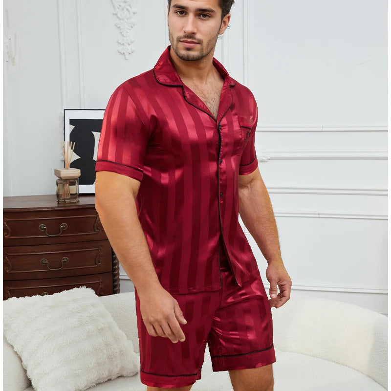 Herren-Pyjama-Set mit Karodruck, Kurzarm-Revers-Oberteil und elastische Shorts, bequem, perfekt für Sommer-Schlafanzüge und Loungewear