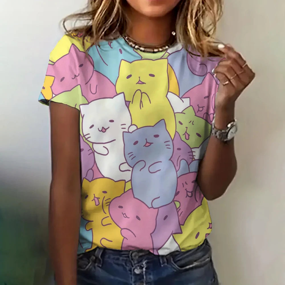 T-shirt Femme Impression 3D Chat Vêtements Été Col Rond Mode Manches Courtes Élégant Décontracté Haut Ample T-shirt Vêtements Femme