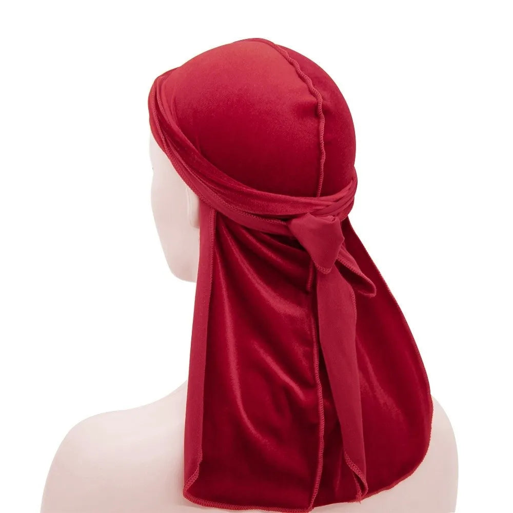 Nouveaux Durags en Velours Casquettes Longue Queue Chapeau Turban Respirant Bandeau Élastique Réglable Accessoires pour Cheveux