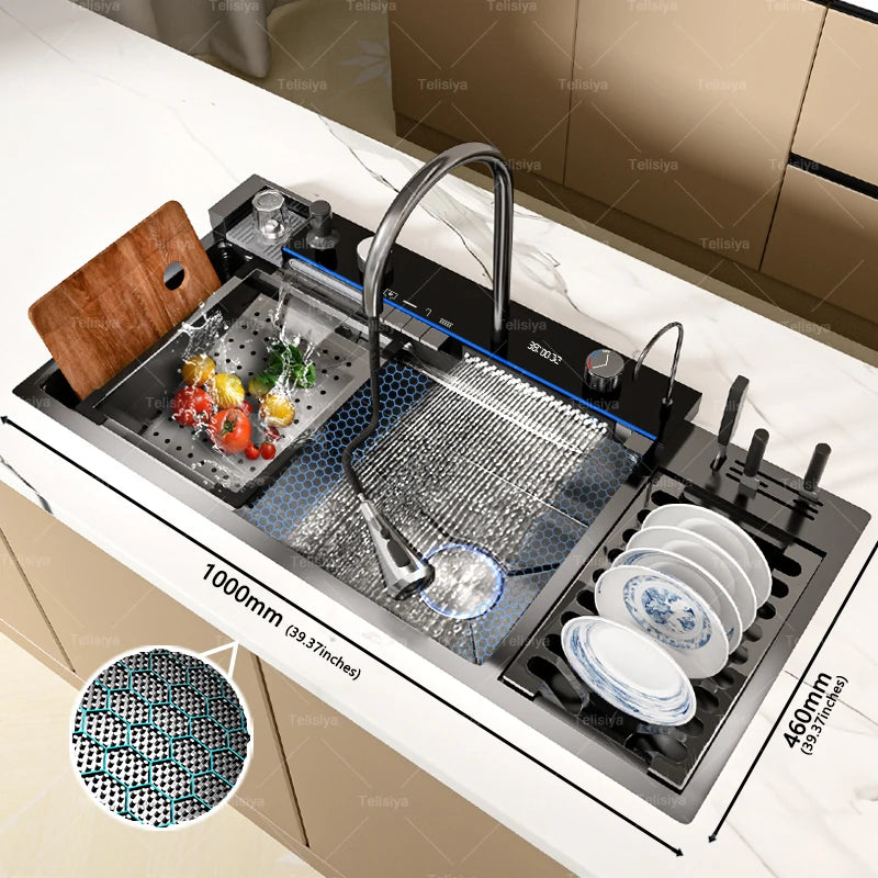 Évier de cuisine en acier inoxydable multifonctionnel avec affichage numérique, cascade, grand bac unique avec égouttoir pour couteaux et vaisselle