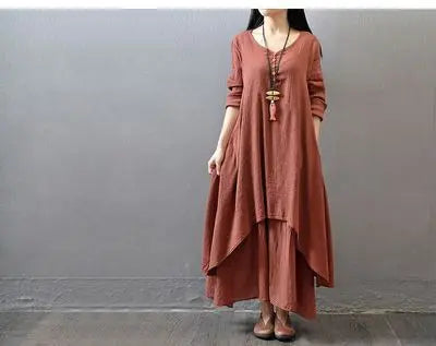 Damen Elegante Leinen-Ingwerkleider Böhmen Layering Vintage Robe Langarm Lockeres langes Kleid Weibliche Herbst Vestidos