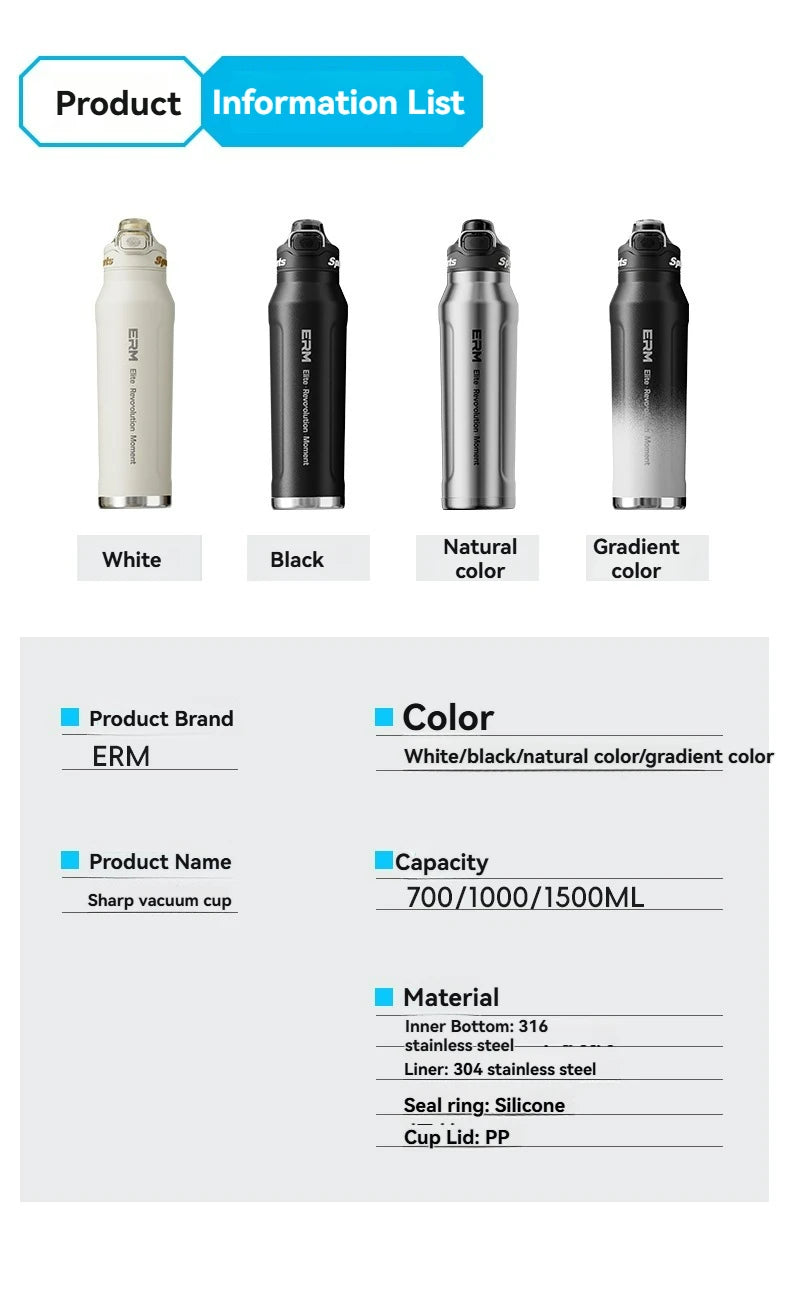 Bouteille d'eau isotherme chaude et froide en acier inoxydable, double paroi portable avec poignée, tasse de sport d'extérieur
