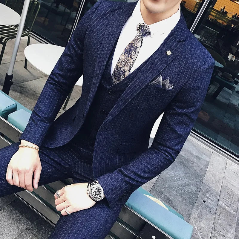 S-7XL (Jacke+Weste+Hose) Mode-Boutique Gitter Anzug Formeller Business Herren Anzug 3-teiliges Set Bräutigam Hochzeitskleid Karierter Anzug Showbühne