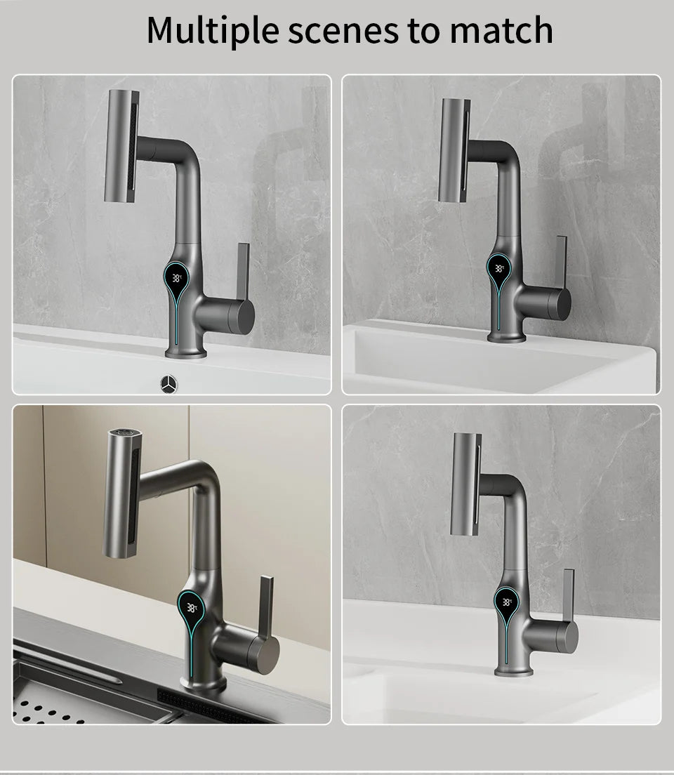 Robinet de lavabo numérique avec affichage de la température Cascade, pulvérisateur à jet relevable haut et bas, mélangeur chaud/froid pour salle de bain
