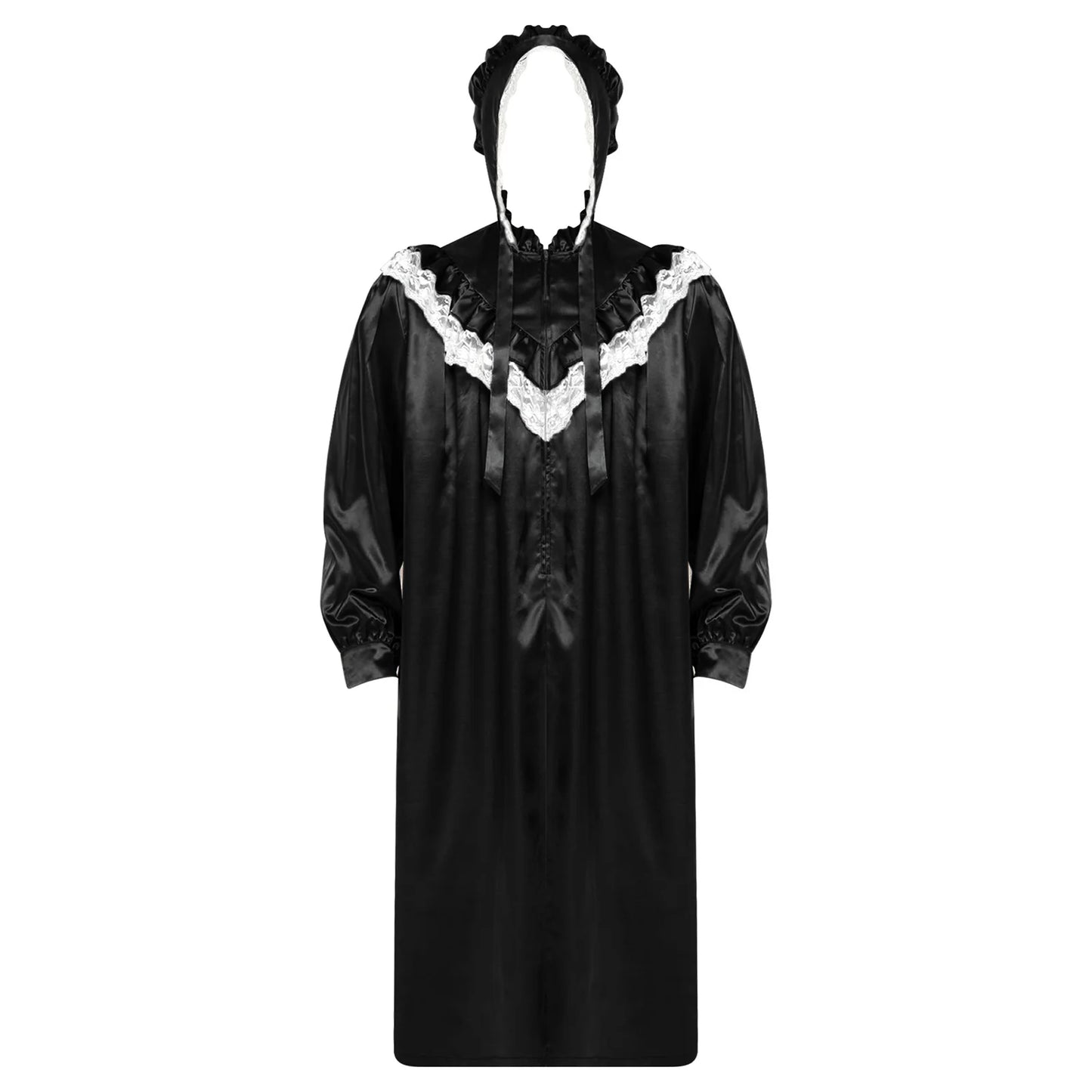 Pyjama homme à volants et dentelle, nuisette victorienne Sissy avec chapeau, robe de nuit satinée à manches longues et fermeture éclair sur le devant