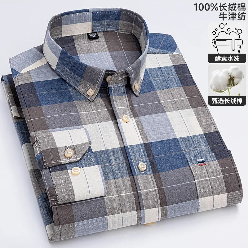 100-220 catties Plus Size Men's Shirt 100% Cotton Long Sleeve Business Casual All Oxford Spinning Plus Size Plaid Shirt