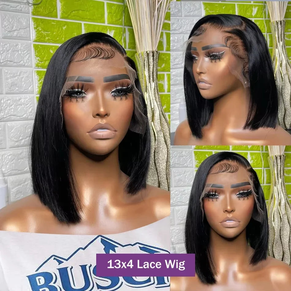 Perruques de cheveux humains brésiliens 13x4 Lace Front Bob court et lisse 4x4, densité 200%, 12 14 16 pouces