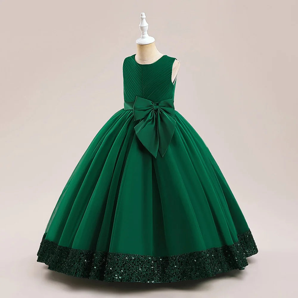 Fluffy Pailletten Brautjungfern Prinzessin Mädchenkleid Elegante Schleife Rosa Hochzeit Abschlussball Abend Kinder Partykleider für Mädchen Geburtstagskostüme