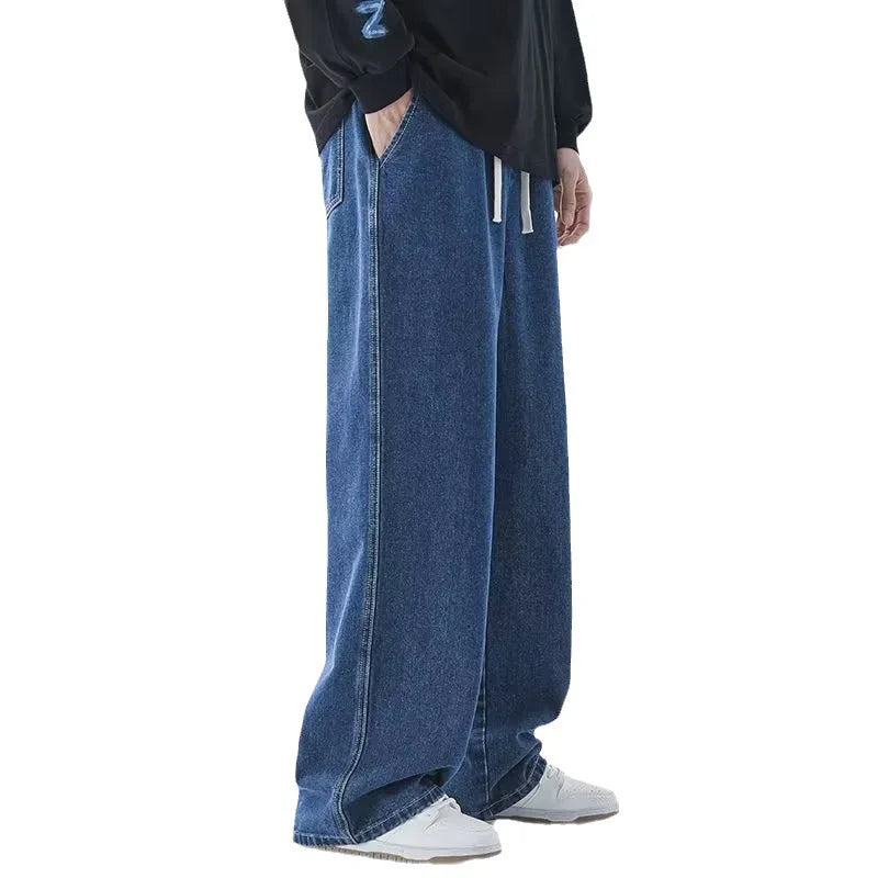 Jeans amples coréens pour hommes, taille élastique, couleur unie classique, jean à coupe droite, pantalon large pour hommes, bleu clair, gris, noir