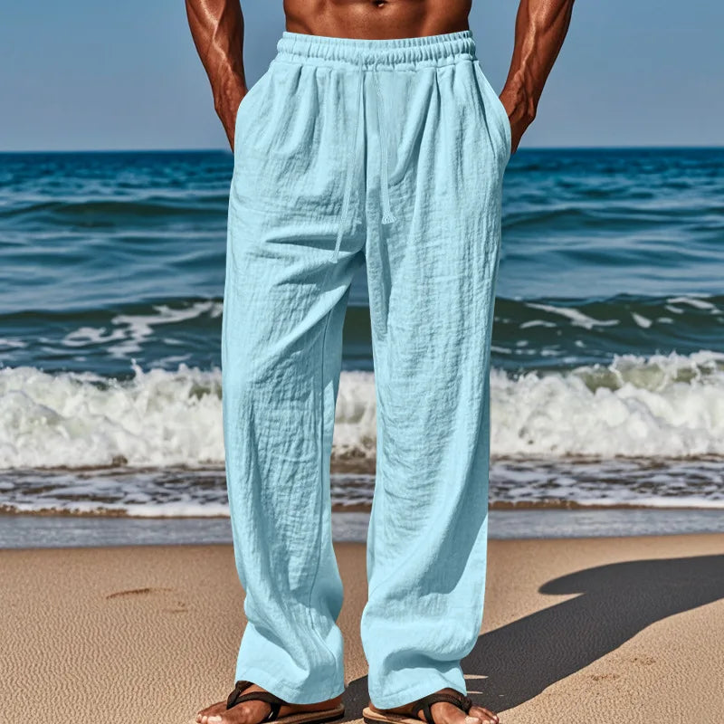 2024 neue Baumwoll-Leinen-Hose für Herren, große Größe, lässig, einfarbig, Schnürung