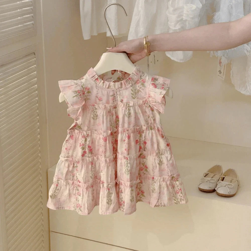 3-7 Years Old Summer New Princess Dress Pink Round Neck Sleeveless Lace Flower Print Girls' Casual Clothes Birthday Party Wear