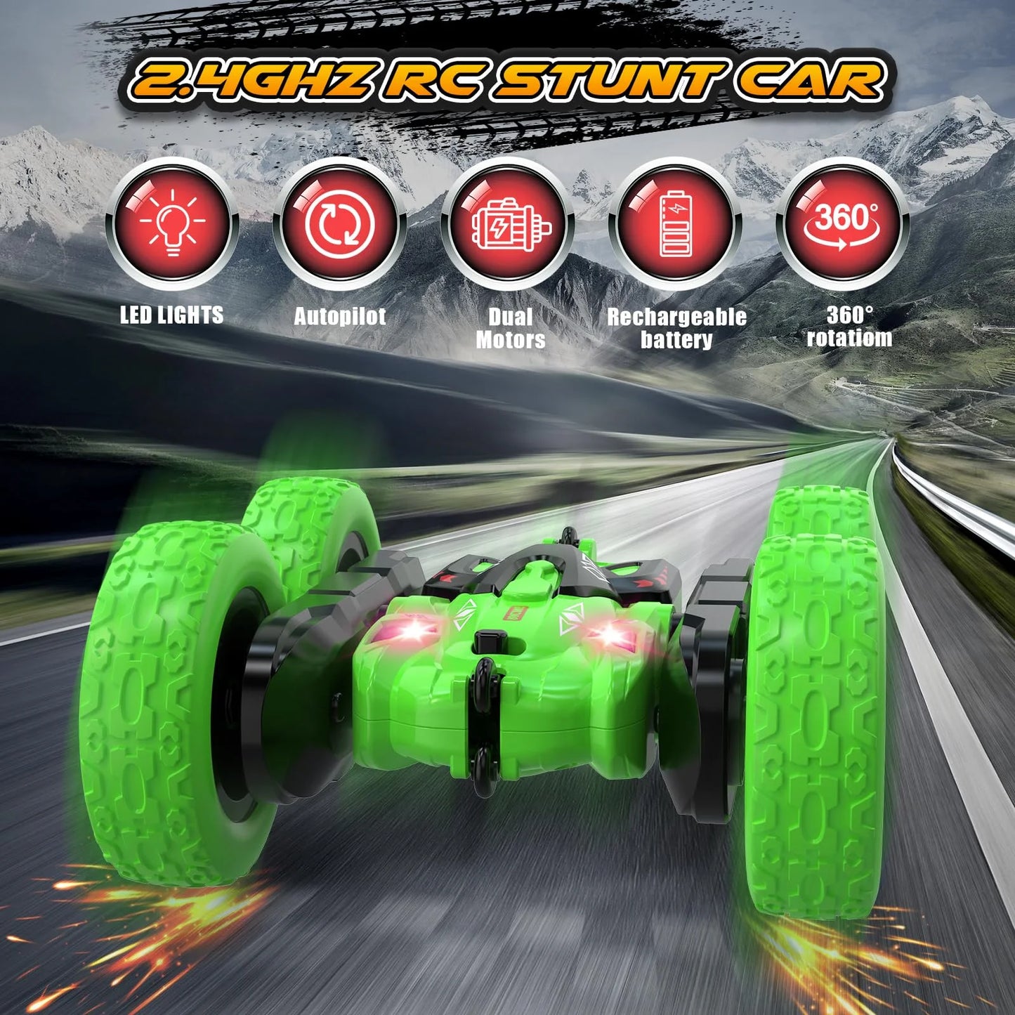 RC Stunt Car 360-Grad-Rotation, 2.4GHz doppelseitig fahrbar, Grün/Lila/Blau, Kinderspielzeug für Outdoor-Spiele