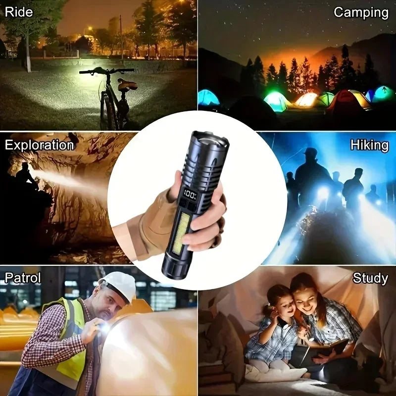 Powerful LED Flashlight Type C Rechargeable Waterproof Torch with Side Light 5 Modes Zoomable Lamp for Camping Fishing Lantern