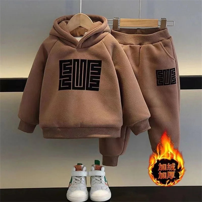 Ensembles de sweat-shirts pour enfants, hiver, plus velours épais, costume chaud garçons filles, sweat à capuche + pantalon 2 pièces, tenues de survêtement en coton