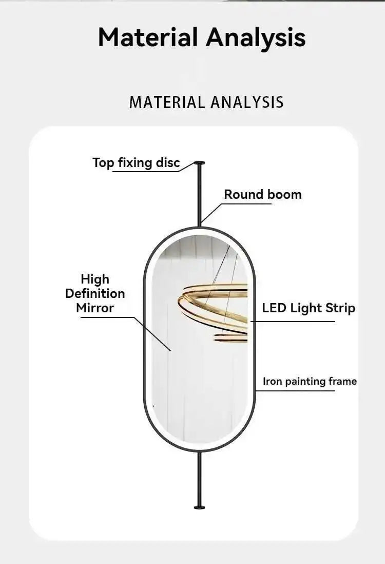 Miroir ovale de salle de bain en métal doré, miroir mural créatif avec LED, miroirs décoratifs, accessoires de décoration intérieure