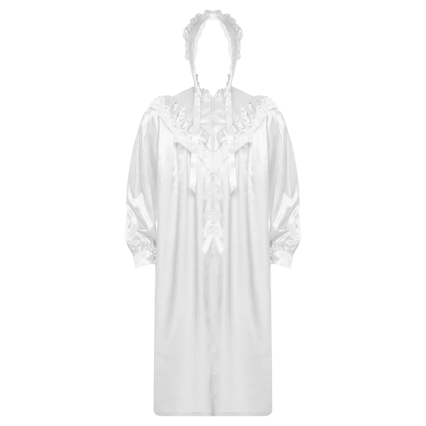 Pyjama homme à volants et dentelle, nuisette victorienne Sissy avec chapeau, robe de nuit satinée à manches longues et fermeture éclair sur le devant
