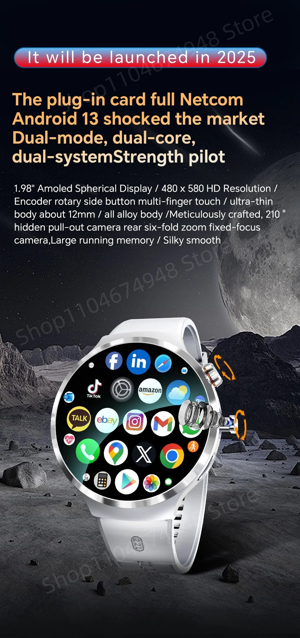 Montre intelligente 4G/5G Full Netcom 1,98 pouces Amoled avec caméra rotative à 210°, Android 13.0, double système GPS, batterie 1900 mAh