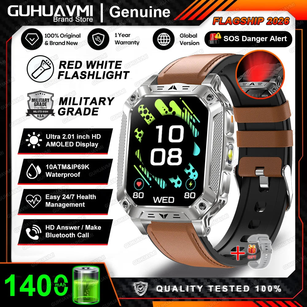 Montre connectée homme 2026 avec batterie ultra-large intégrée de 1400 mAh, GPS extérieur, écran AMOLED de 2,01", étanche 10 ATM, appel BT