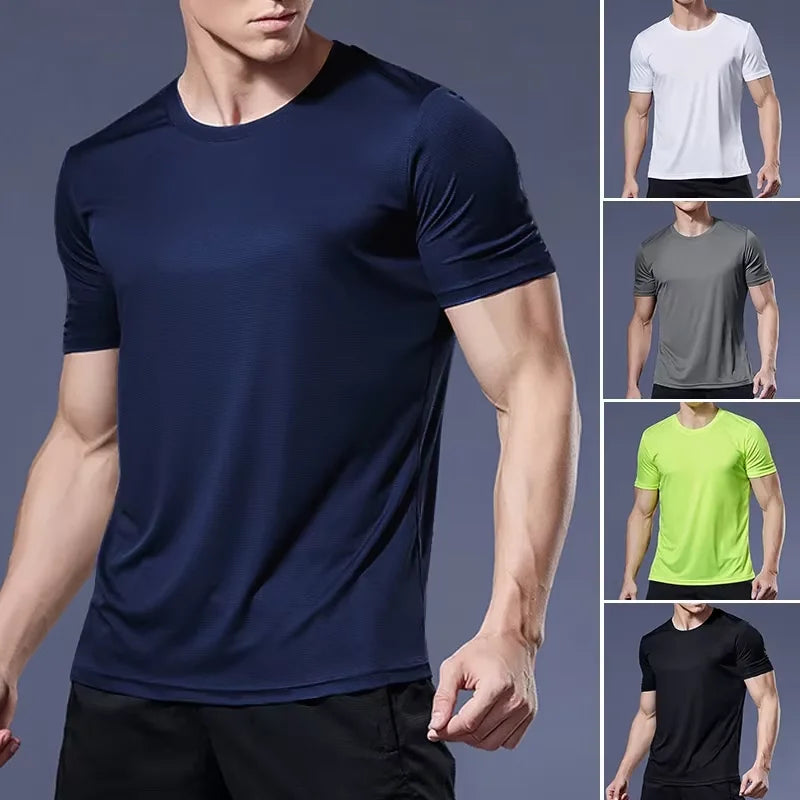 T-shirt de sport pour homme, à manches courtes, séchage rapide, évacuant l'humidité, col rond, pour l'entraînement, la course, la gym, le sport, léger