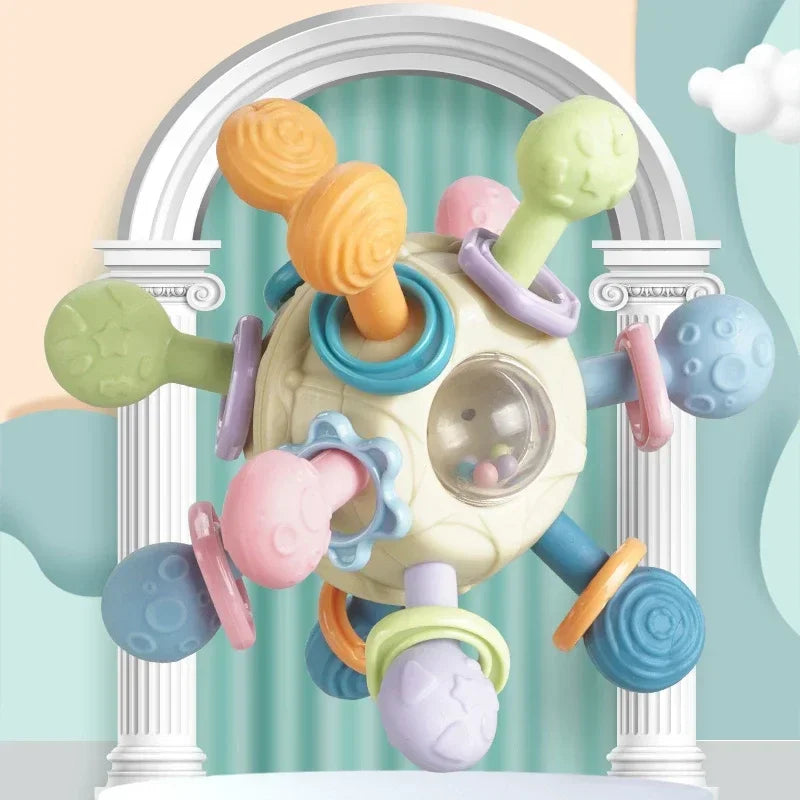 Jouets Bébé 0-12 Mois Hochet Balle Rotative Jouet d'Activité à Saisir Jouet de Développement Bébé Anneau de Dentition en Silicone Jouets Sensoriels Bébé pour Bébés