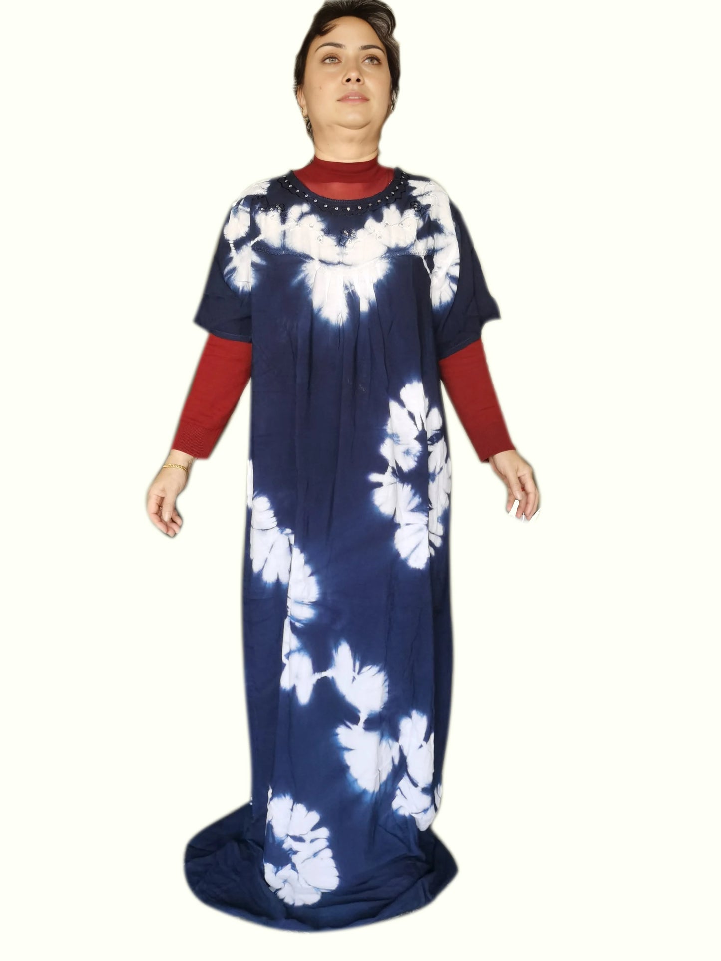 Nouvelle robe musulmane longue ample en pur coton tie-dye avec foulard, broderies scintillantes, respirante et confortable pour l'été 2025