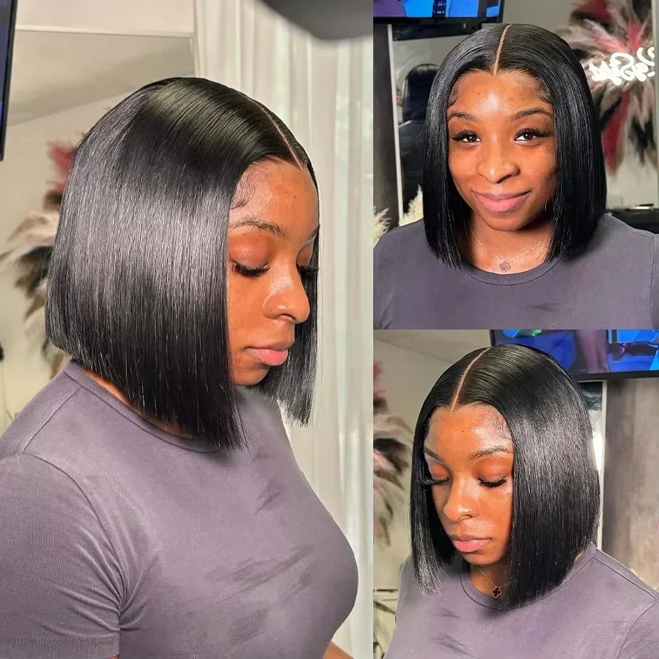 Perruques de cheveux humains brésiliens 13x4 Lace Front Bob court et lisse 4x4, densité 200%, 12 14 16 pouces