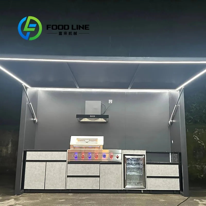 All-in-One anpassbare, moderne Premium-BBQ-Station für den Außenbereich, pulverbeschichtet, rostfrei und windbeständig, mit Kühlschrank und Spüle