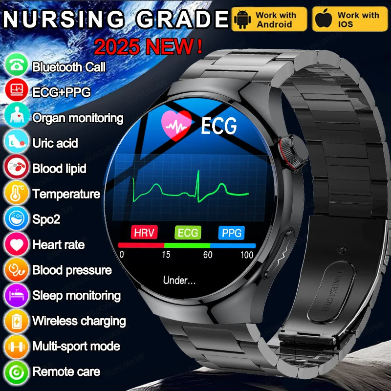 Montre Intelligente de Soins Infirmiers 2025 Montre connectée Santé, oxygène sanguin, lipides sanguins, acide urique, ECG+PPG, température corporelle, appel Bluetooth
