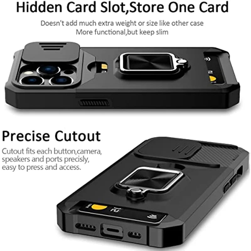 Hülle für iPhone 17 16 15 14 13 12 Pro Max Plus 8 7 Plus Mini Robuster Schutz mit Schiebe-Kameraabdeckung und Kartenclip-Abdeckung